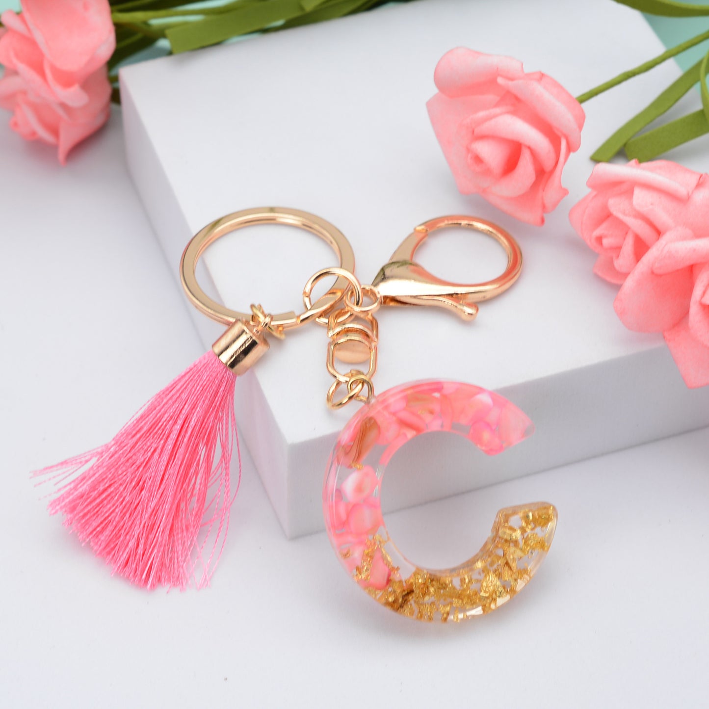 Resin Pink Tassel Letter Keychain A to Z Initial Charm 29