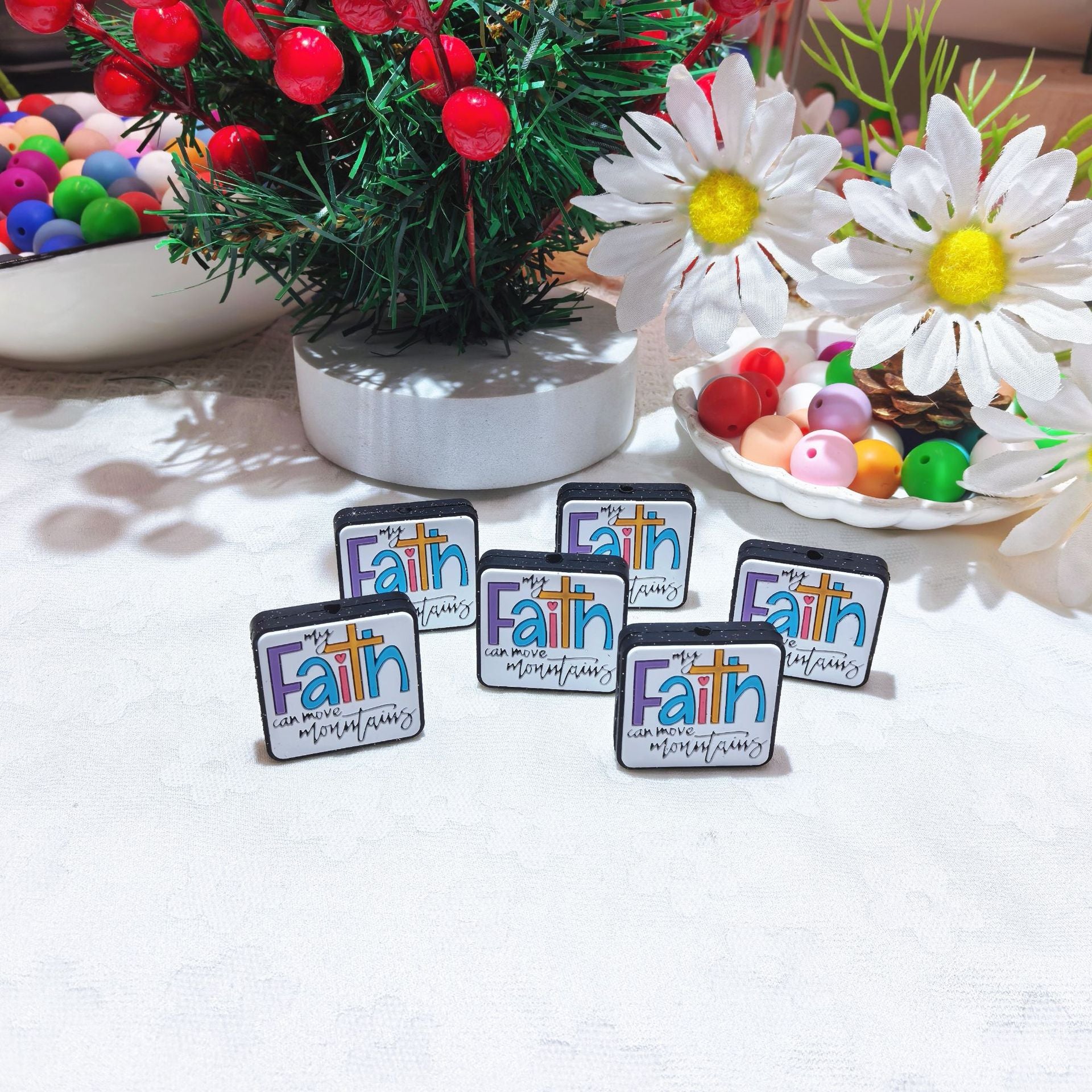 20Pcs Silicone Focal Beads Faith Square Flat Design 3