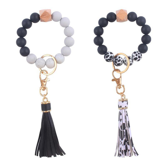 PU Tassel Silicone Bead Wristlet Keychain with Wooden Bead