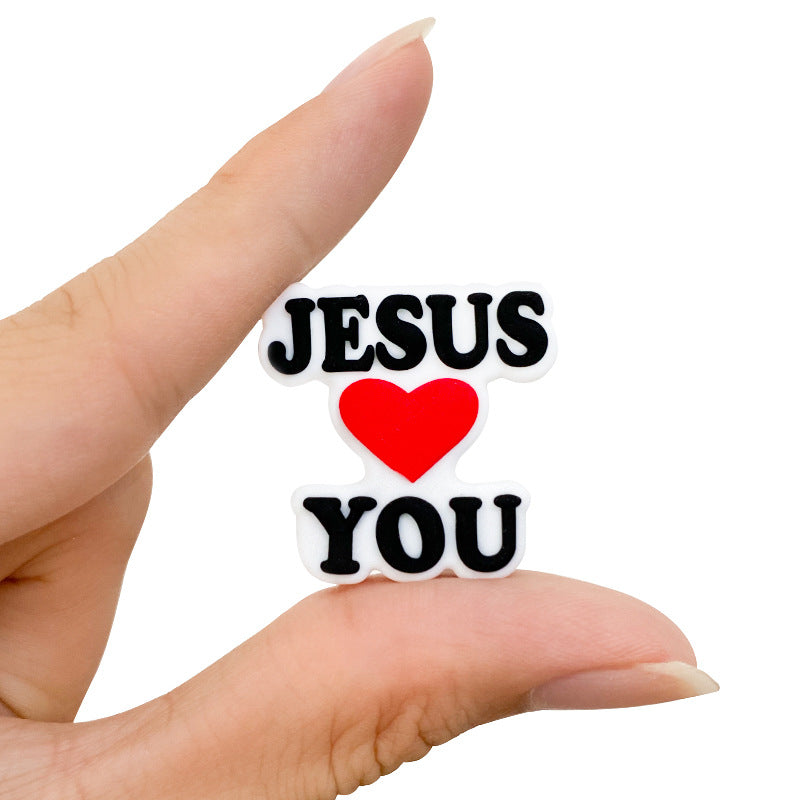 20pcs Silicone Focal Beads Love Jesus Red Heart Print 2