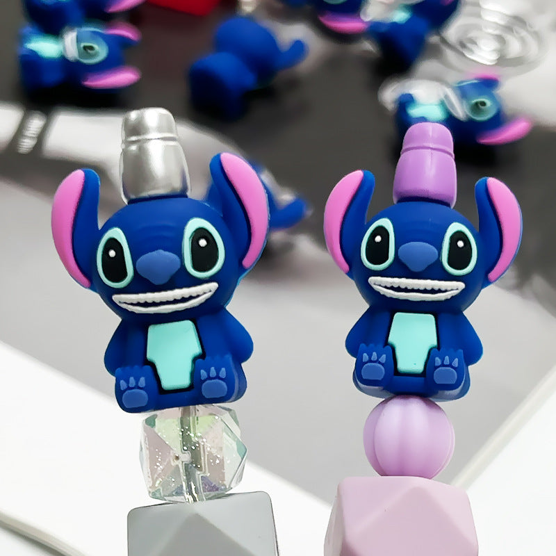 Silicone 3D Focal Beads Blue Alien Character Large Ears Sitting Pose 5
