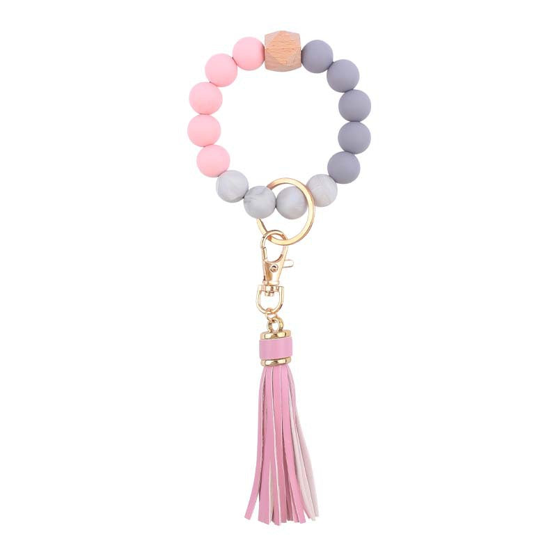 PU Tassel Silicone Bead Wristlet Keychain with Wooden Bead 10