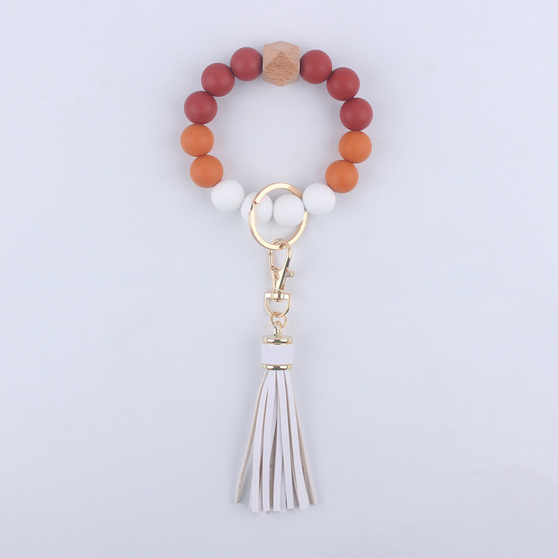 Tassel Silicone Bead Wristlet Keychain with Wooden Bead Charm 8cm 12