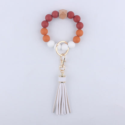 Tassel Silicone Bead Wristlet Keychain with Wooden Bead Charm 8cm 12