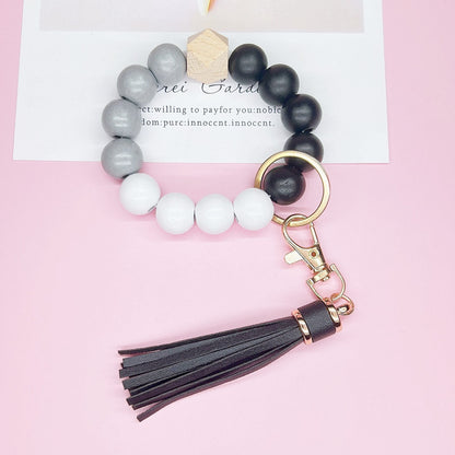 Wooden Bead Silicone Bead Wristlet Keychain with PU Leather Tassel 10