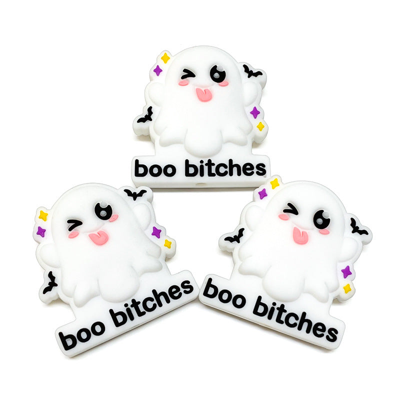 20Pcs Silicone Focal Beads Cartoon Ghost with Text Boo Bitches 4