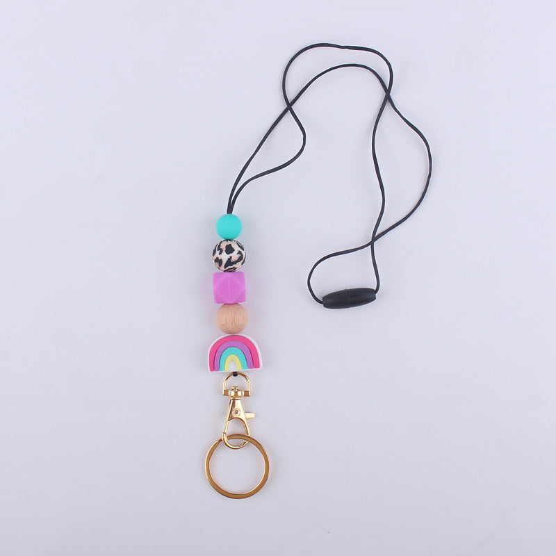 Rainbow Silicone Bead Keychain with Wooden Bead Charm 3