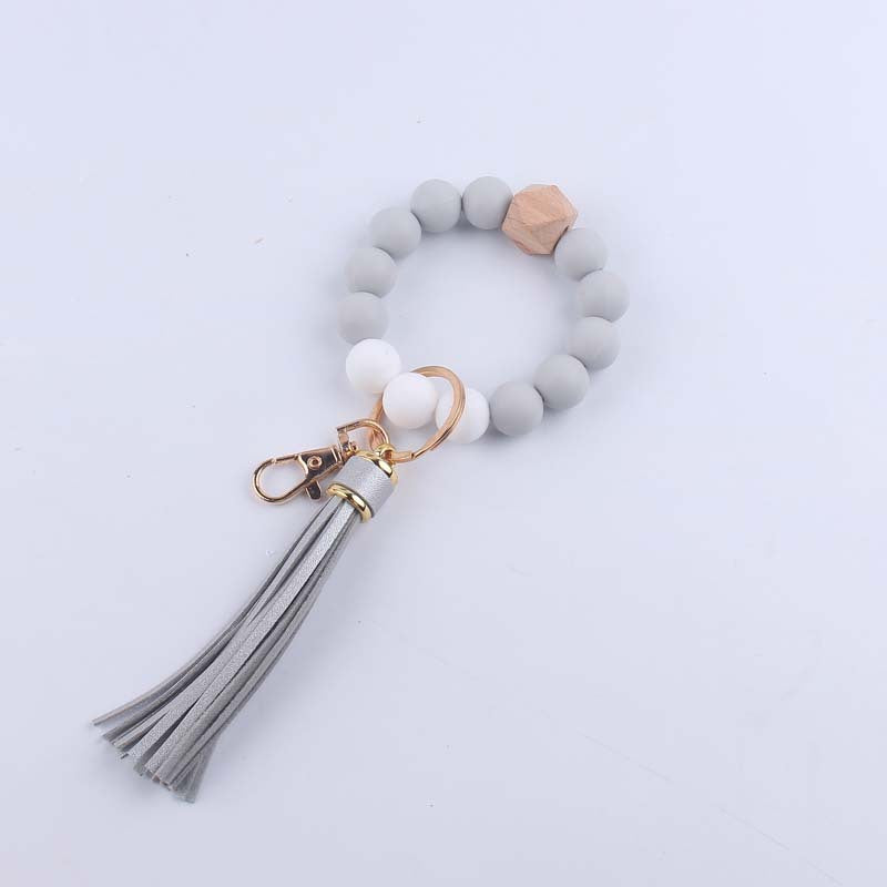 Octagonal Silicone Bead Wristlet Keychain with Tassel Charm 6