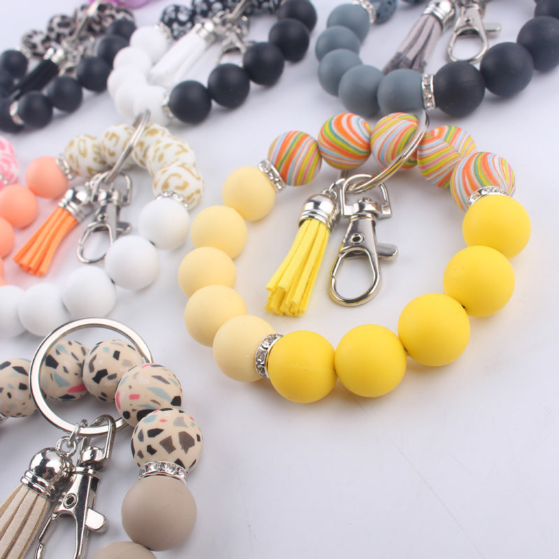 Leopard Print Tassel Silicone Bead Wristlet Keychain Charm 4