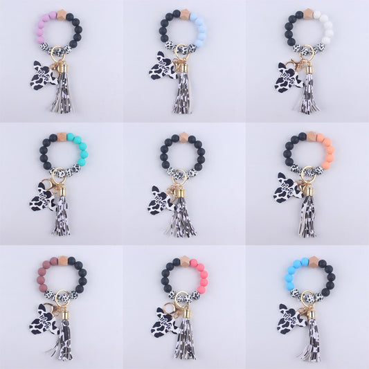 Western Cow Silicone Bead Wristlet Keychain with Mama Charm