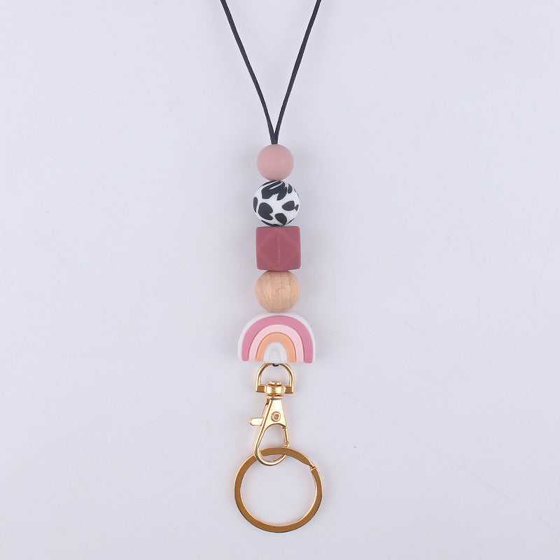 Rainbow Silicone Bead Keychain with Wooden Bead Charm 5