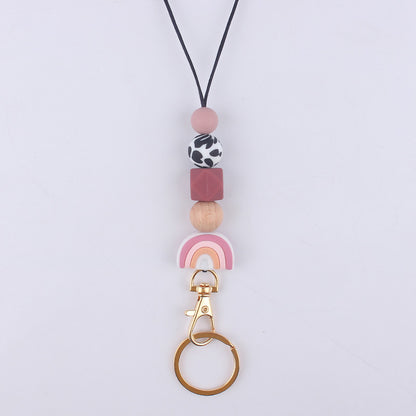 Rainbow Silicone Bead Keychain with Wooden Bead Charm 5