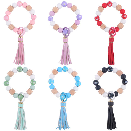 Daisy Silicone Bead Wristlet Keychain Tassel Charm