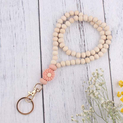 Daisy Silicone Bead Wristlet Keychain with Wooden Beads 8