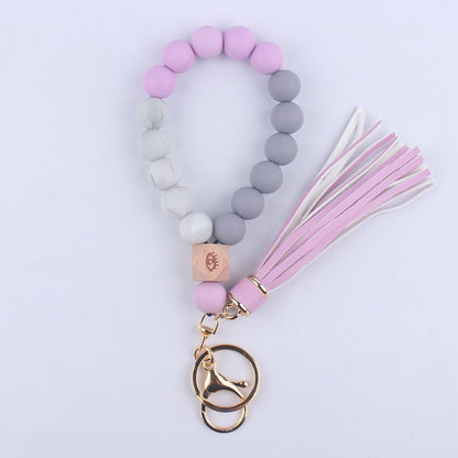Beech Wood with Eyes Octagonal Tassels Silicone Bead Wristlet Keychain 11