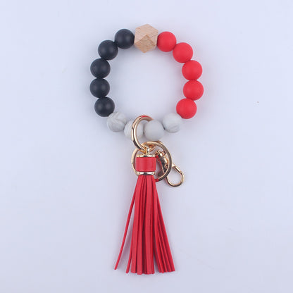 PU Leather Tassel Silicone Bead Wristlet Keychain Leopard Print 20