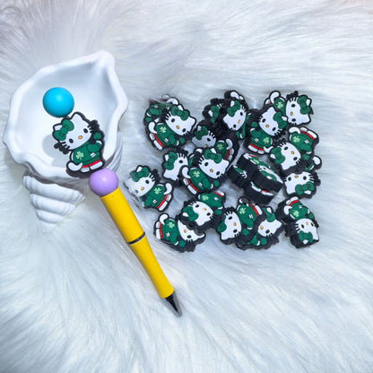 20Pcs Silicone Focal Beads White Cat Round Face Wearing Bow 9