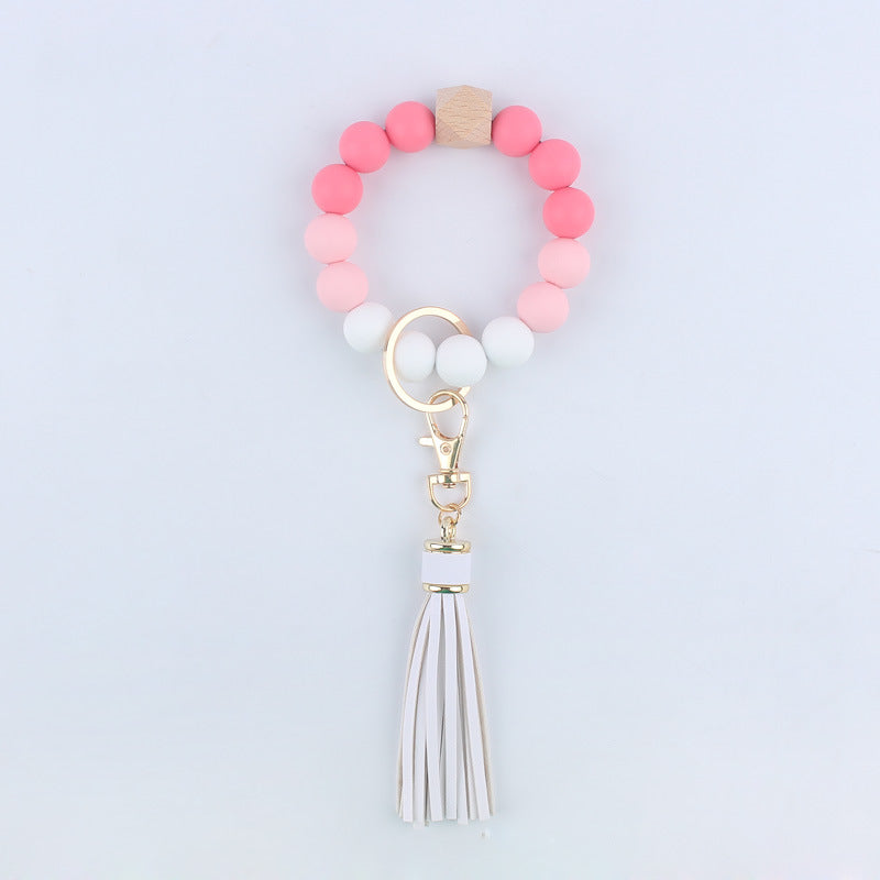 Tassel Silicone Bead Wristlet Keychain with Wooden Bead Charm 8cm 7