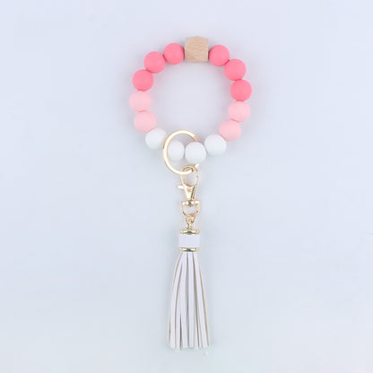 Tassel Silicone Bead Wristlet Keychain with Wooden Bead Charm 8cm 7