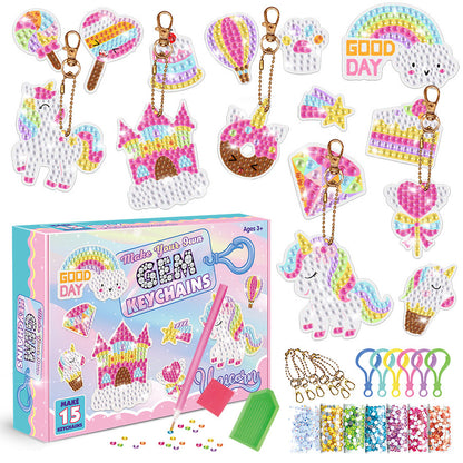 Diamond Painting Kit Make Your Own Gem Keychains Unicorn 15pcs