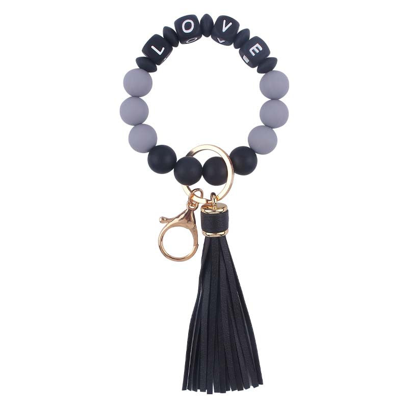 Letter LOVE Silicone Bead Wristlet Keychain PU Leather Tassel 11