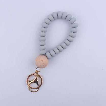 Flat Silicone Bead Wristlet Keychain with Wooden Accent 15
