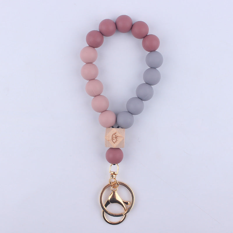 Octagonal Silicone Bead Wristlet Keychain with Wooden Accent 15