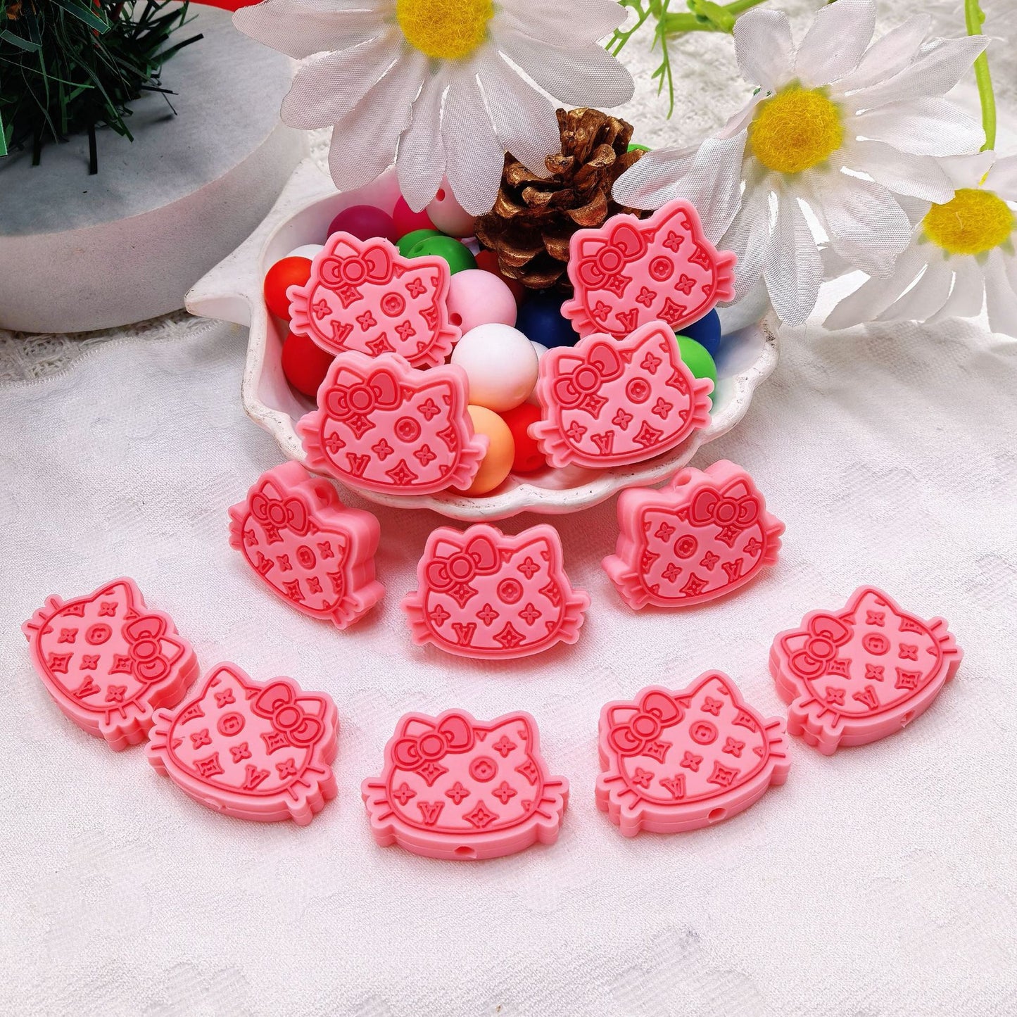 20Pcs Silicone Focal Beads Cat Head with Bow Outline Pattern 4