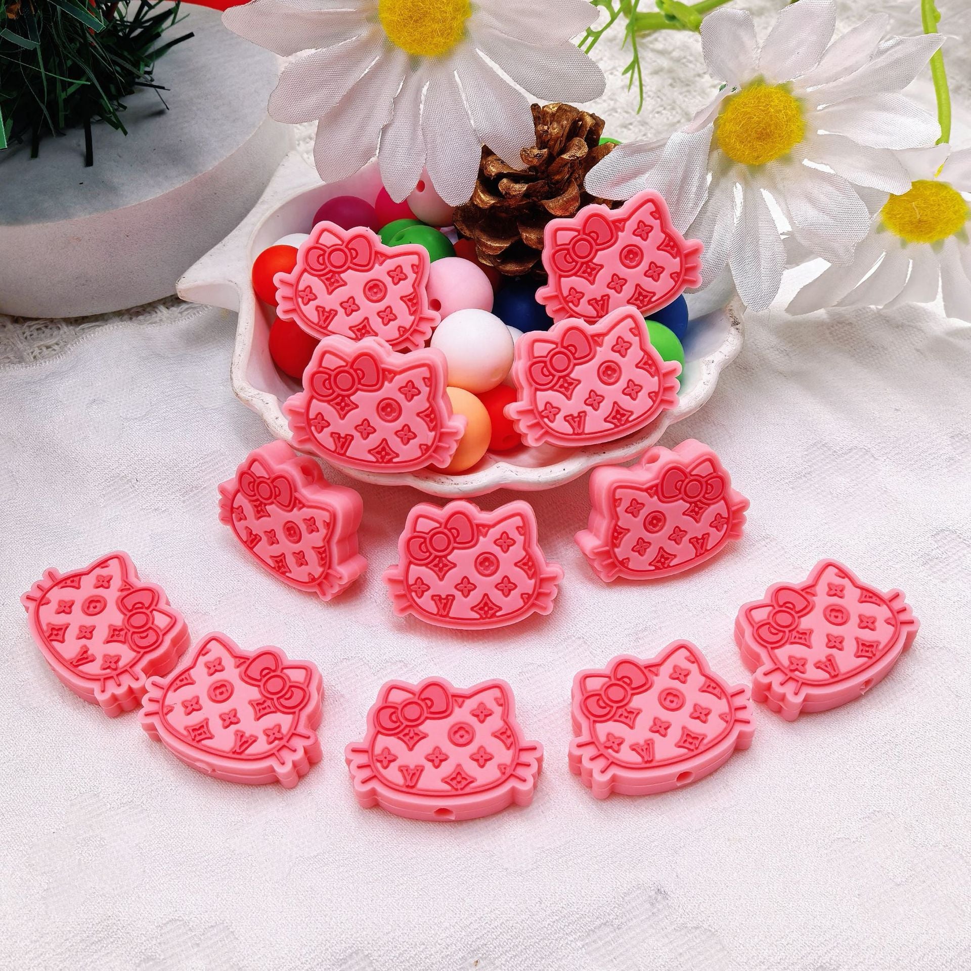 20Pcs Silicone Focal Beads Cat Head with Bow Outline Pattern 4