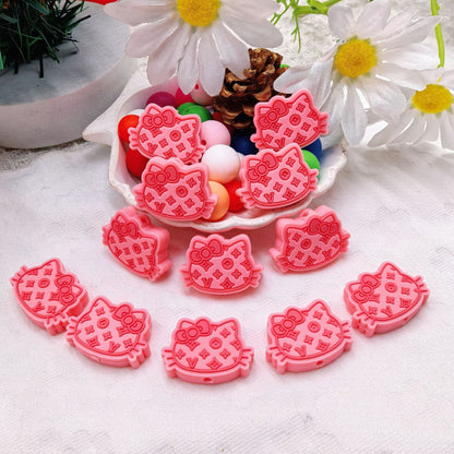 20Pcs Silicone Focal Beads Cat Head with Bow Outline Pattern 4
