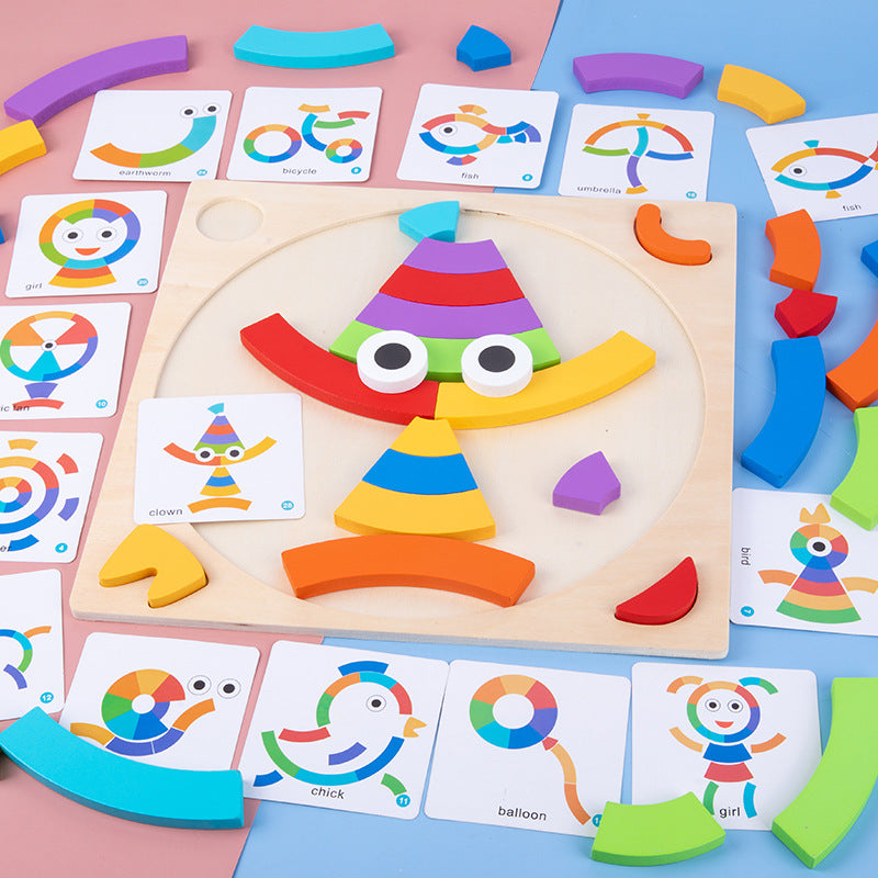 Wooden Building Blocks Puzzle Toy with Rainbow Pieces and Cards 7