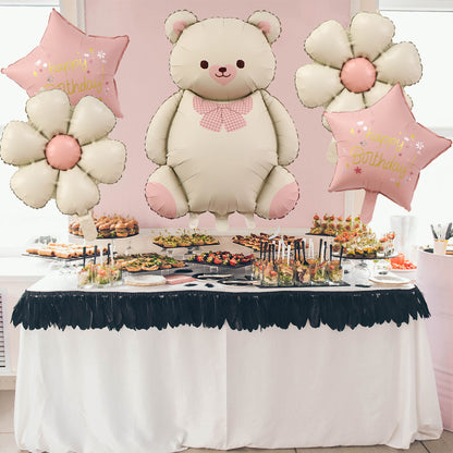 Milk White Bow Ties Bear Retro Daisy Foil Balloon Set 2