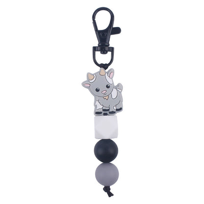 Cartoon Animal Cattle Silicone Bead Keychain with Beaded Charm 11