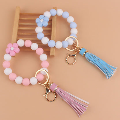 Flower Silicone Bead Wristlet Keychain with PU Leather Tassel 3