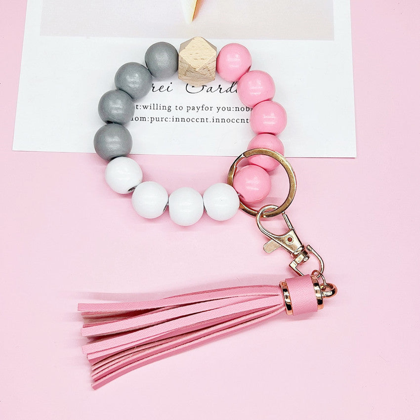 Wooden Bead Silicone Bead Wristlet Keychain with PU Leather Tassel 13