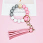Wooden Bead Silicone Bead Wristlet Keychain with PU Leather Tassel 13