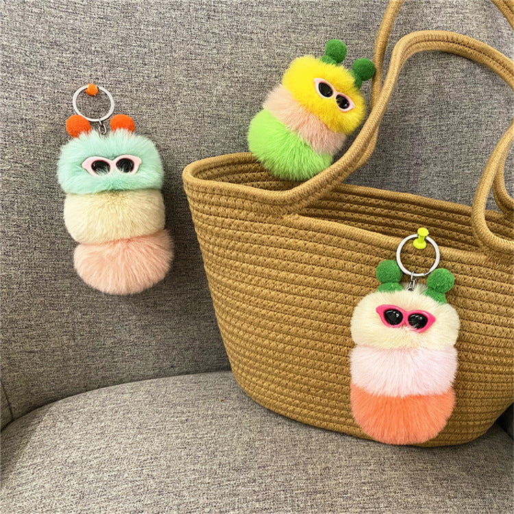 Caterpillar Pom Pom Plush Keychain Cute Furry Charm Accessory 3