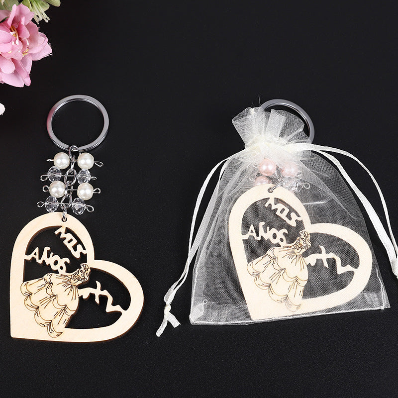 Love Princess Wooden Bead Keychain Heart Shape Charm 2