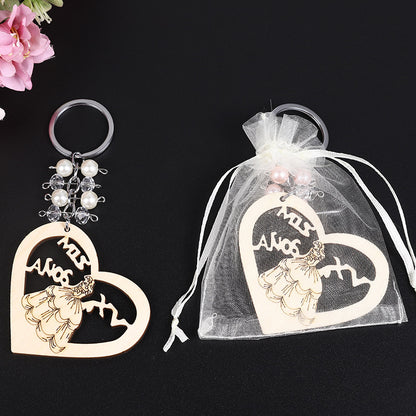 Love Princess Wooden Bead Keychain Heart Shape Charm 2