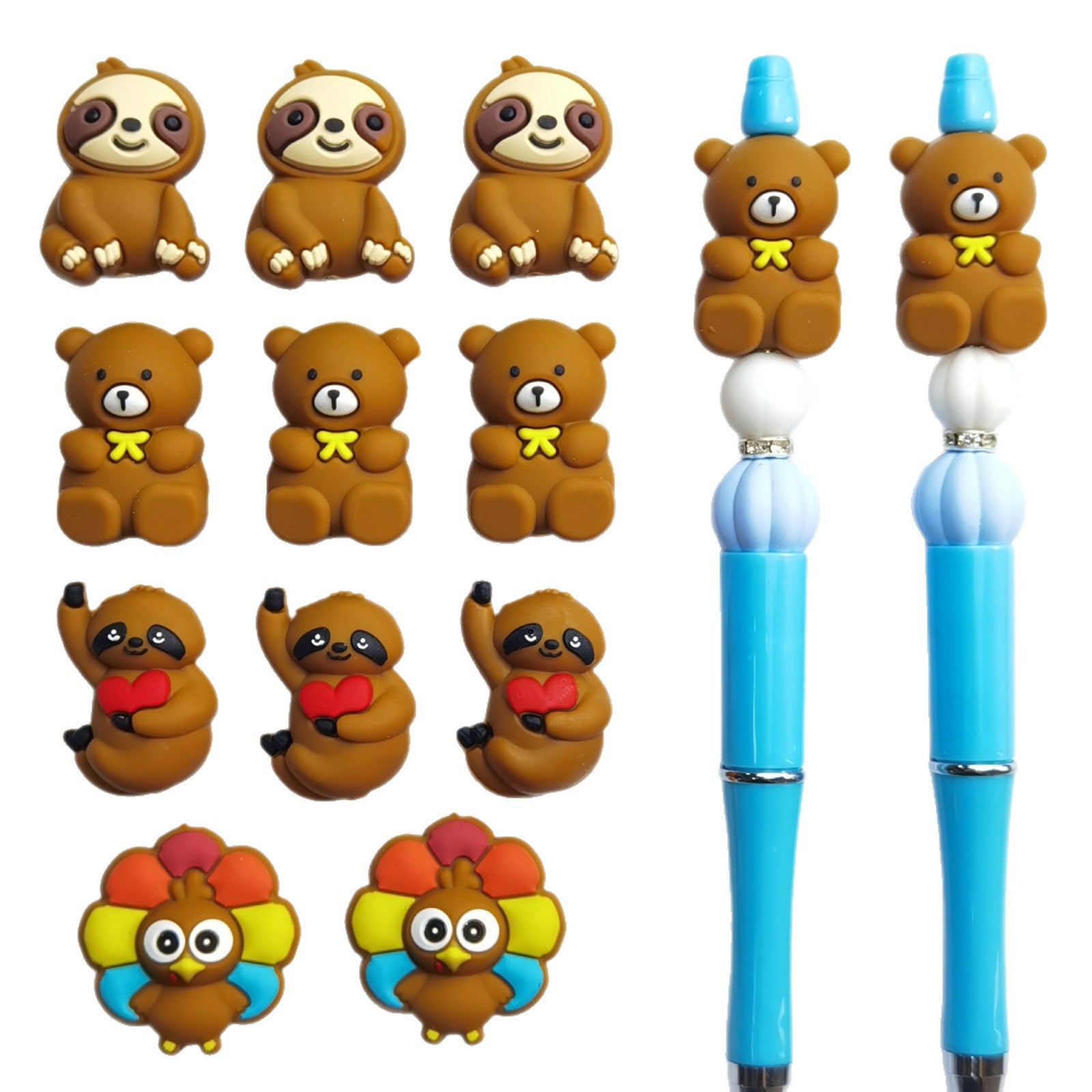 20Pcs Silicone 3D Focal Beads Cartoon Animal Teddy Bear Sloth Turkey 5