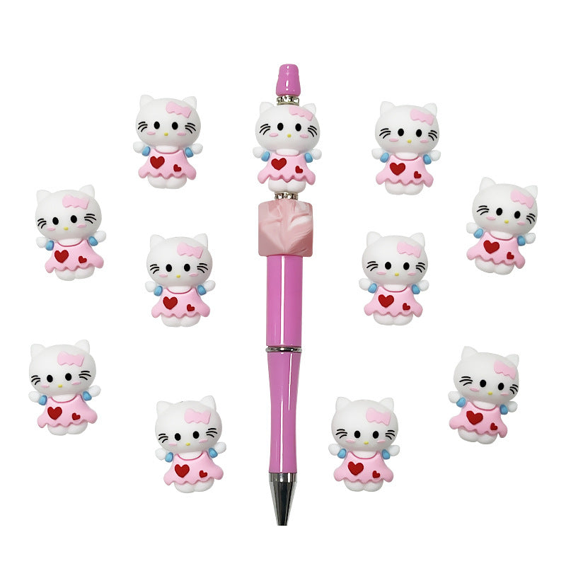 3D Silicone Focal Beads Cute White Kitty Cat Wearing Pink Dress 3
