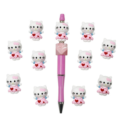 3D Silicone Focal Beads Cute White Kitty Cat Wearing Pink Dress 3