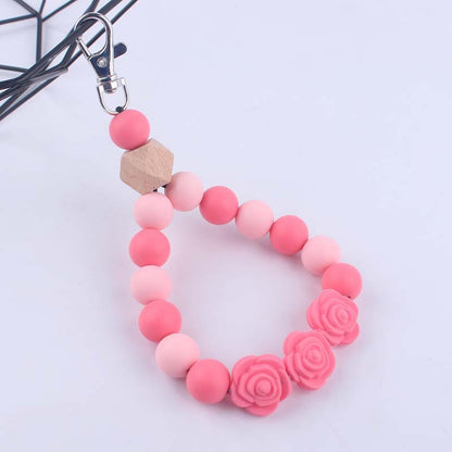 Rose Silicone Bead Wristlet Keychain with Wooden Accent Bead 9