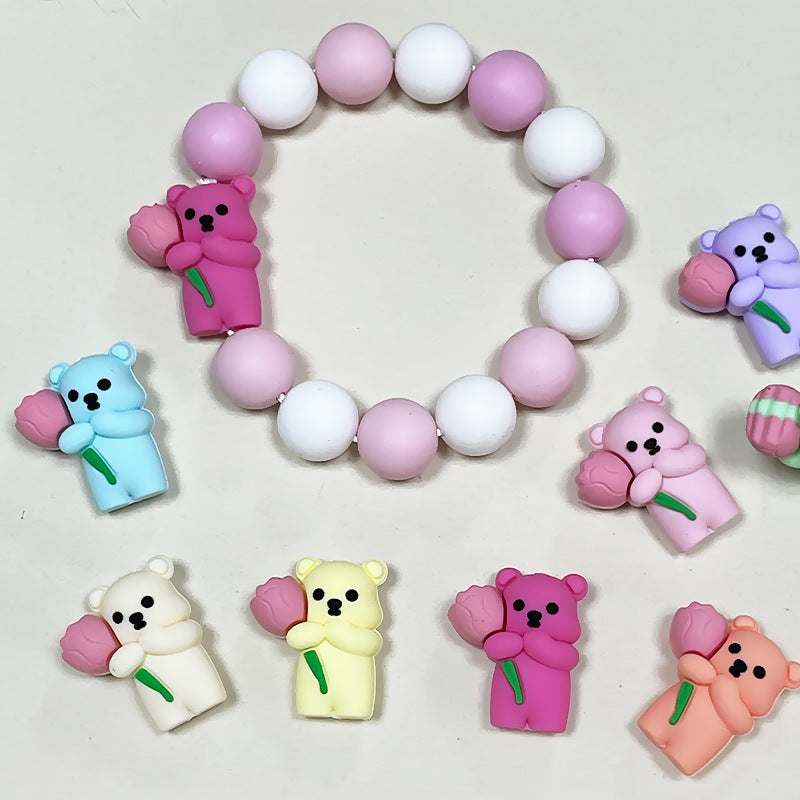 20Pcs Silicone 3D Focal Beads Colored Teddy Bear Holding Flower 3