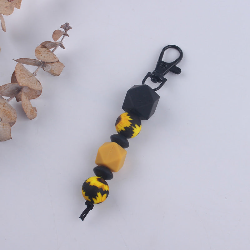 Leopard Print Silicone Bead Keychain with Geometric Beads Charm 12