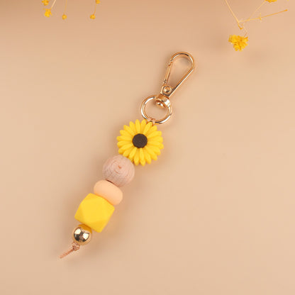 Daisy Silicone Bead Keychain with Wooden Round Bead Charm 13