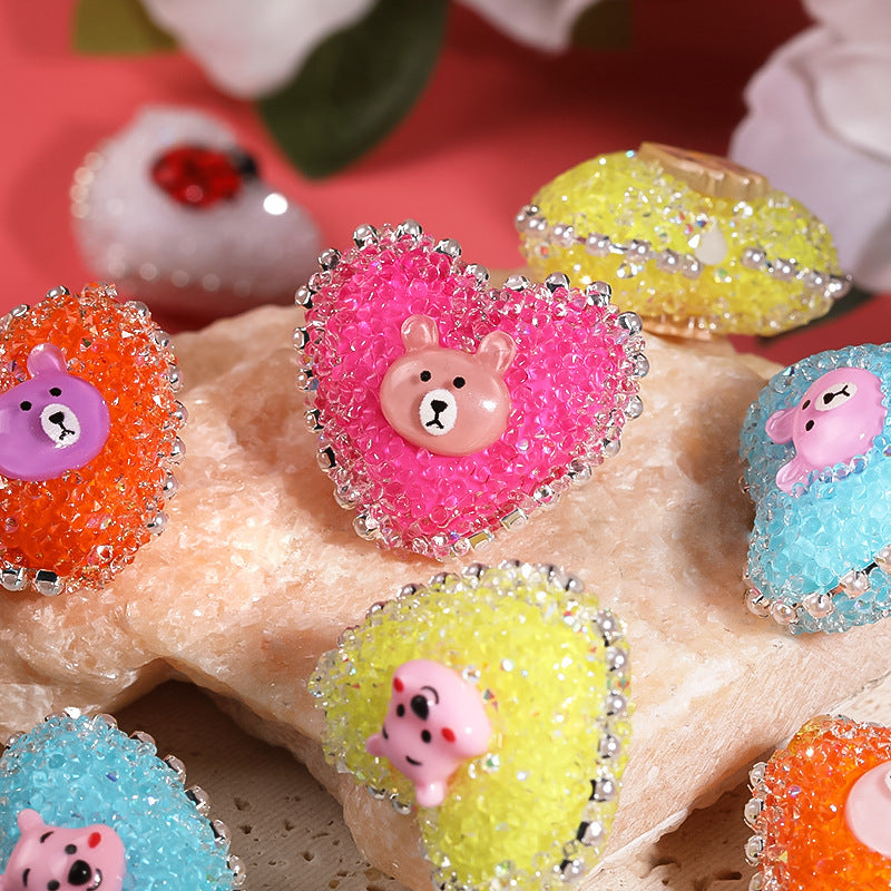 5pcs 23x28mm Cartoon Animal Heart Rhinestone Beads DIY Jewelry Making 2