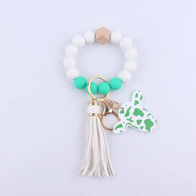 Western Cow Silicone Bead Wristlet Keychain PU Leather Tassel 12