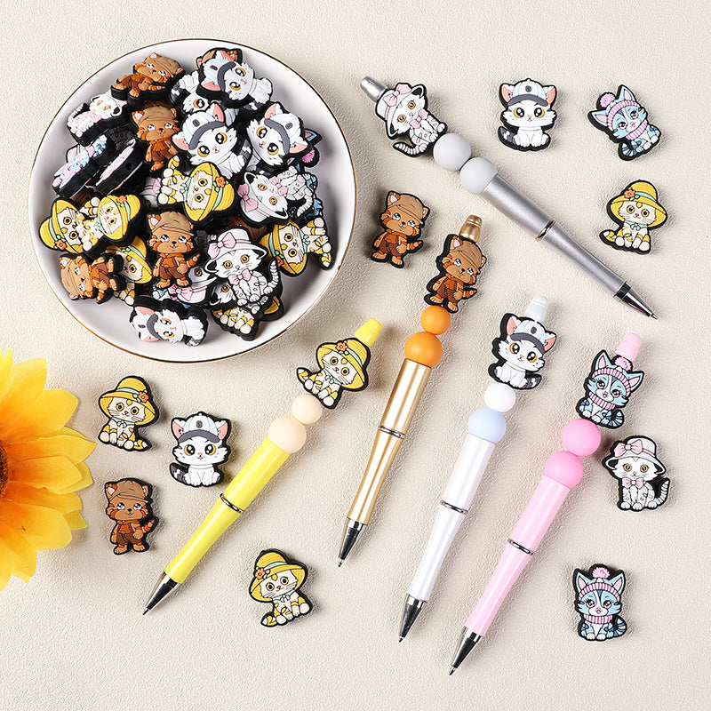 Silicone Focal Beads Round Ear Cat Wearing Hat Accessories 3