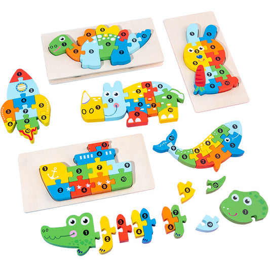 Wooden Building Blocks Animal Traffic Shapes Matching 3D Puzzle Toy